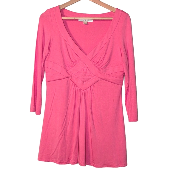 Boston Proper 3/4 Sleeve Ruched V Neck Pink Babydoll Stretch Blouse Top - Picture 1 of 6